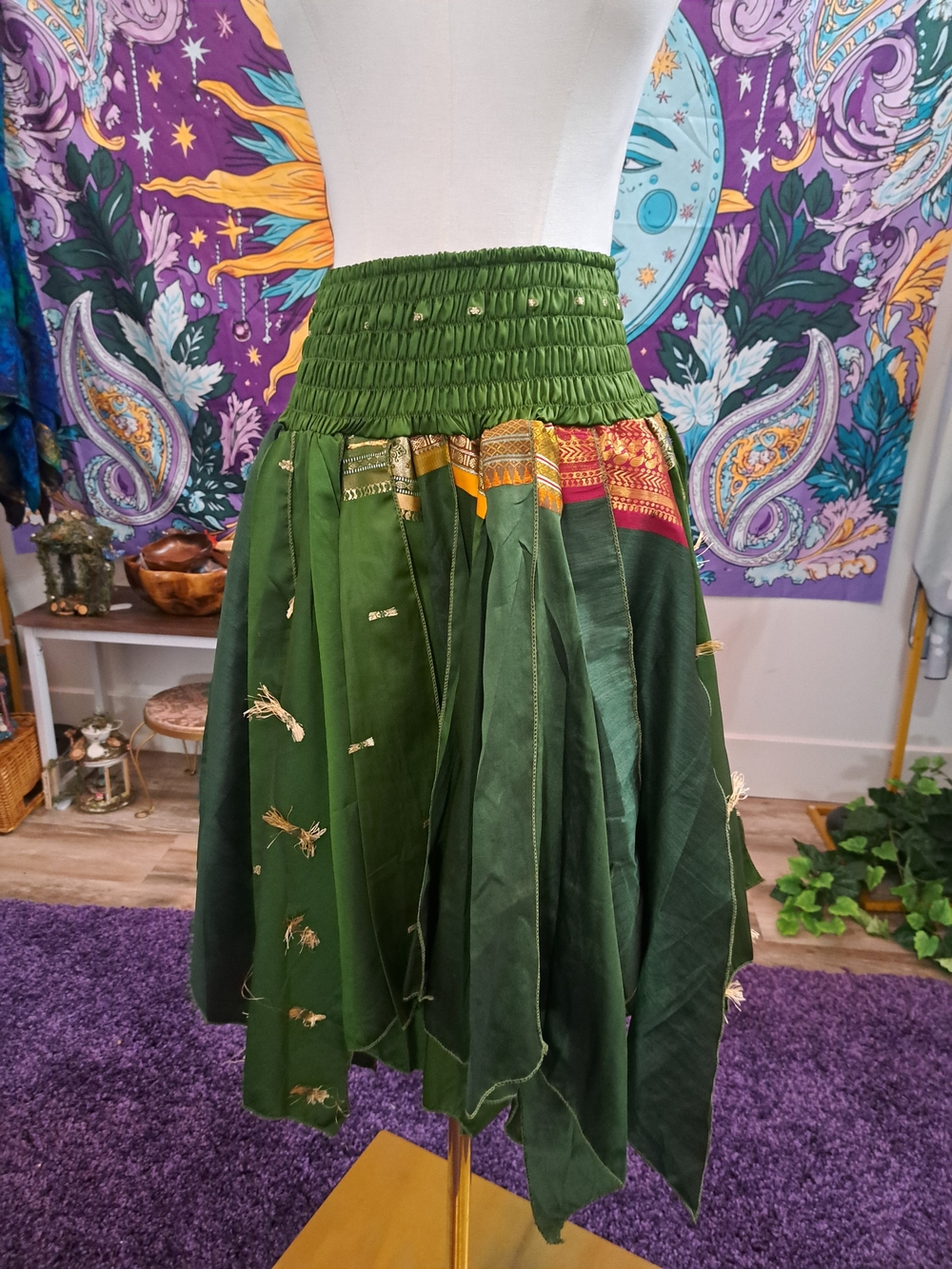 Emerald Relic Fairy Skirt | Vintage Sari Patchwork Smocked Waist Handkerchief